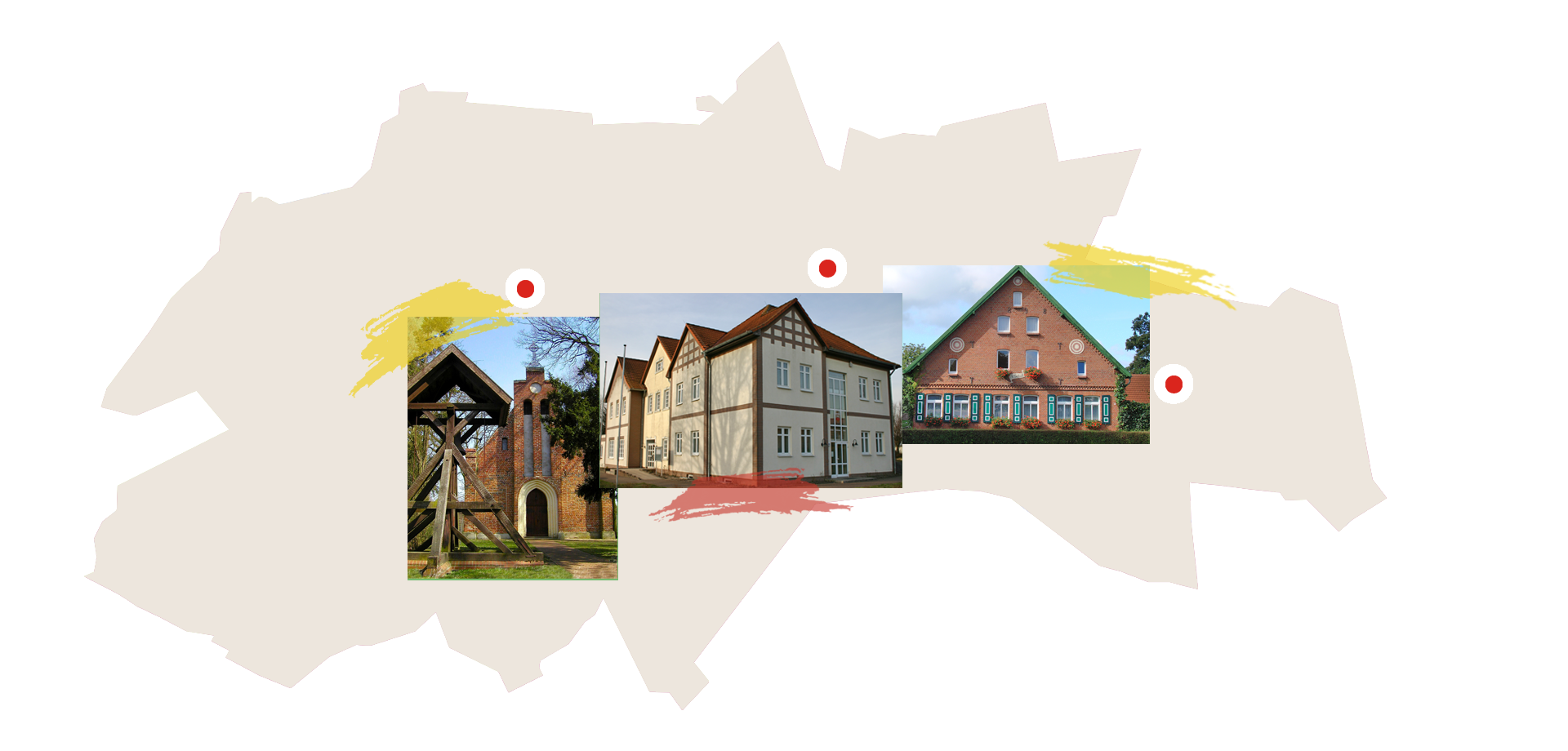 Umriss der Gemeinde mit Bildern der drei Ortsteile